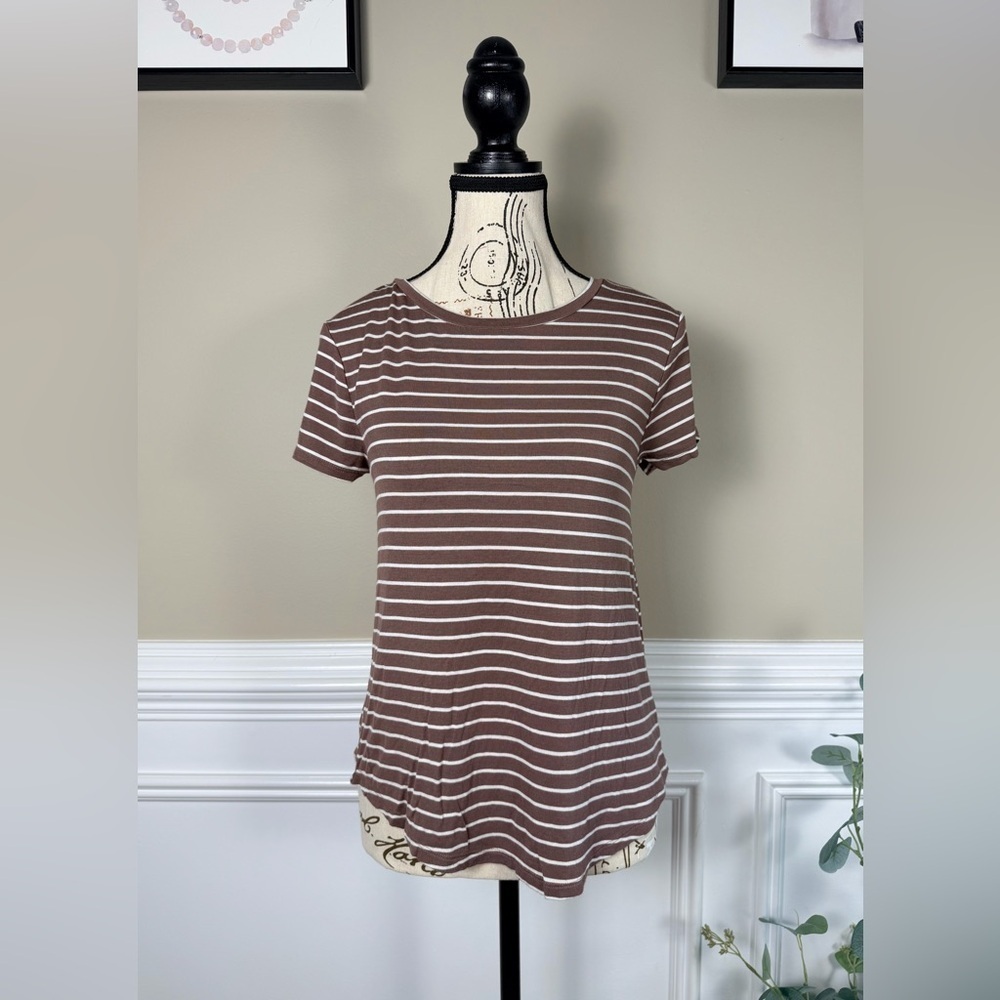 Aeropostale Seriously Soft Perfect Crew Striped Tee Brown White XS